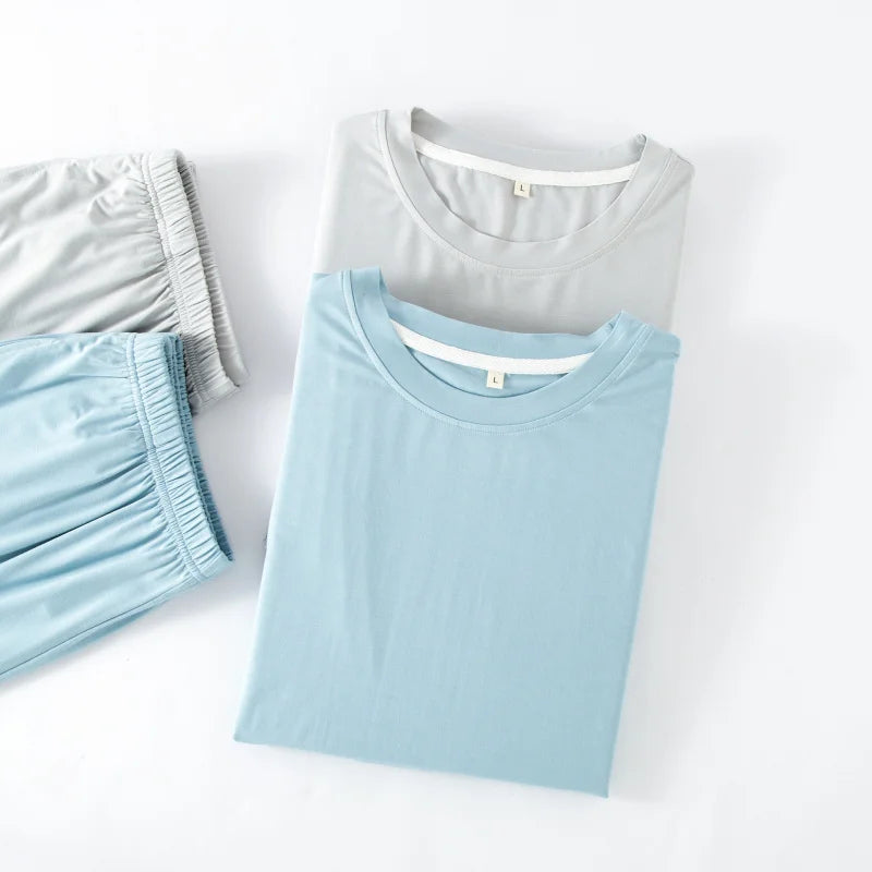 2pcs Men's Pajama Set Minimalist Solid Style Bamboo Fiber Fabric Short Sleeve Shorts Lightweight Soft Breathable Loungewear Set
