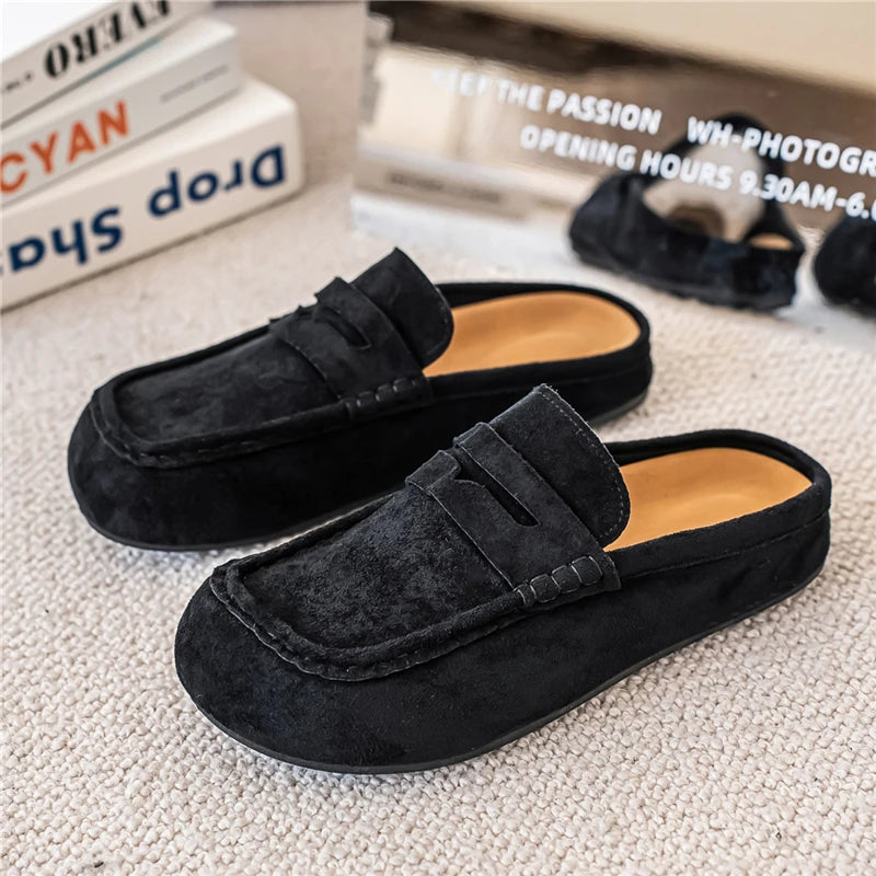 Fashion Comfortable Men's Casual Shoes Leather Loafers Half Slippers Slip-on Lazy Driving Shoes Couple Breathable Walking Shoes