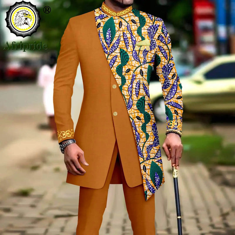 African Suits for Men Embroidery Print Blazer and Pants Set Business Dress with Kerchief Party Wedding - View 21 | SAMAG
