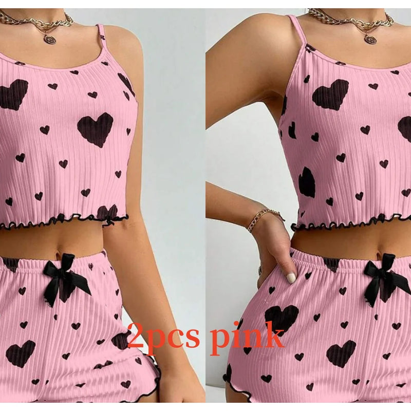 Women's Pajamas Set Sleepwear 2 PCS Short Tank Tops And Shorts S M L White Ventilate Soft Casual Love Printing