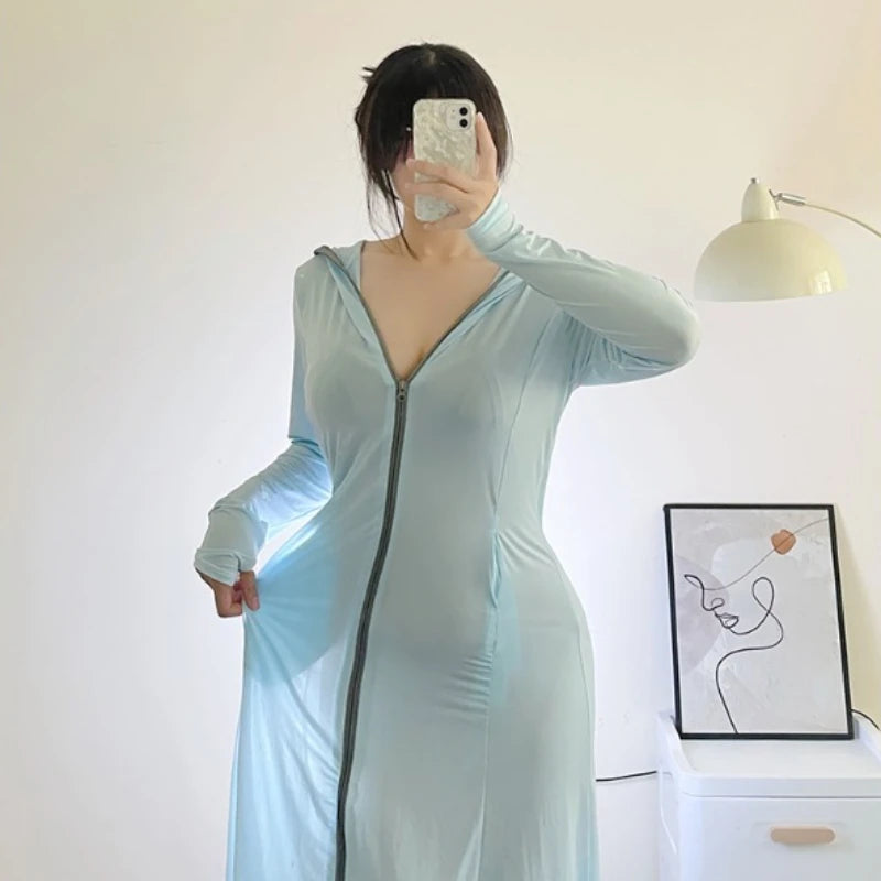 Women Sexy See Through Blue Cover-Ups Full Body Sun Protection Summer Zipper Lingeries with Hats Outdoor Travel Sunscreen Cloth