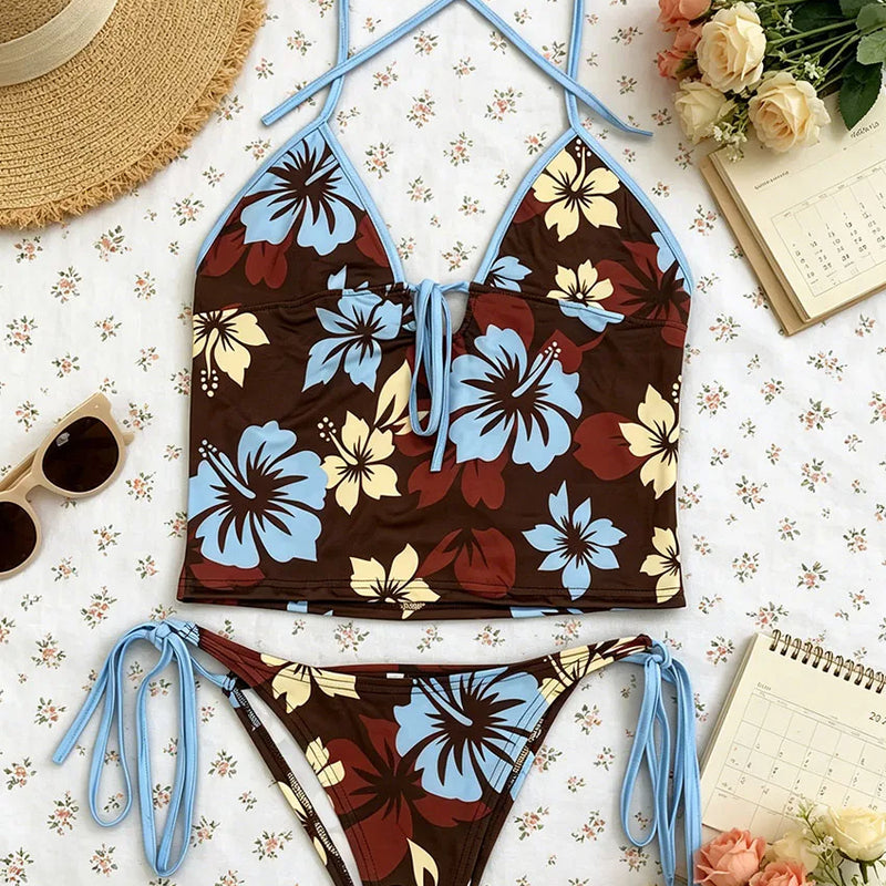 Vintage Y2K Ladies Flower Tankini Swimsuit Halter Neck | SAMAG