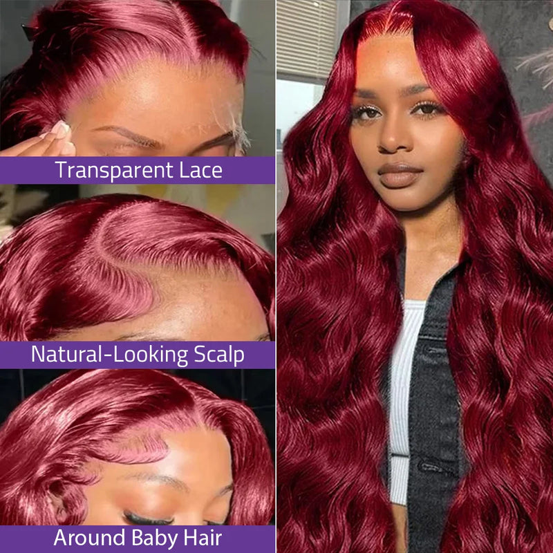Burgundy 13x6 HD Lace Frontal Body Wave Wig 99J Transparent 13x4 Lace 30 40 Inch Front Human Hair Wigs For Women PrePlucked