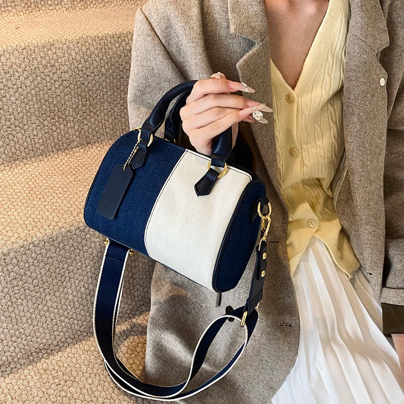 Patchwork Colorblock Mini Handbags For Women Denim Shoulder Cross Body Bags Casual Street Small Boston Bag 2024 Designer Purses