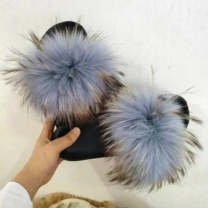 Women Real Raccoon Fur Slides Fluffy Luxury Furry Open Toe Slippers Indoor Outdoor Summer Sandals Non Slip Soft Comfy Sole Cozy