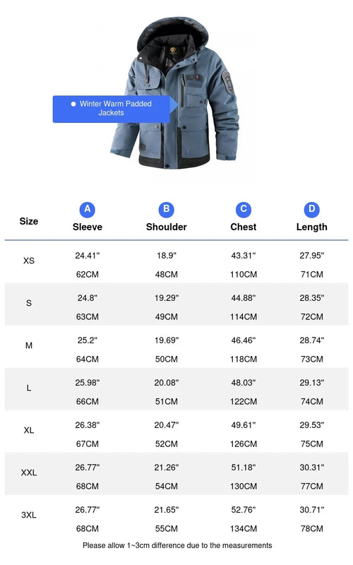 Winter Men's Mountain Ski Parkas Fashion Men Cotton Warm Down Padded Fashion Men Hiking Thermal Windbreaker Hooded Jacket