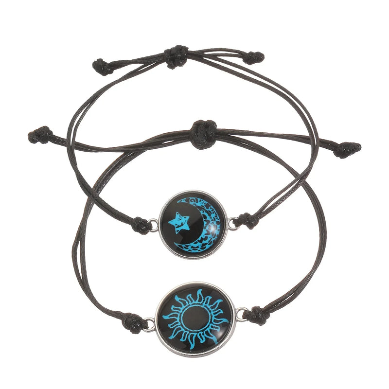 Handmade Braided Couple Bracelets Sun Moon Themed Glow In The Dark Glass Bead Adjustable Rope Wrist - Visuel 7 | SAMAG
