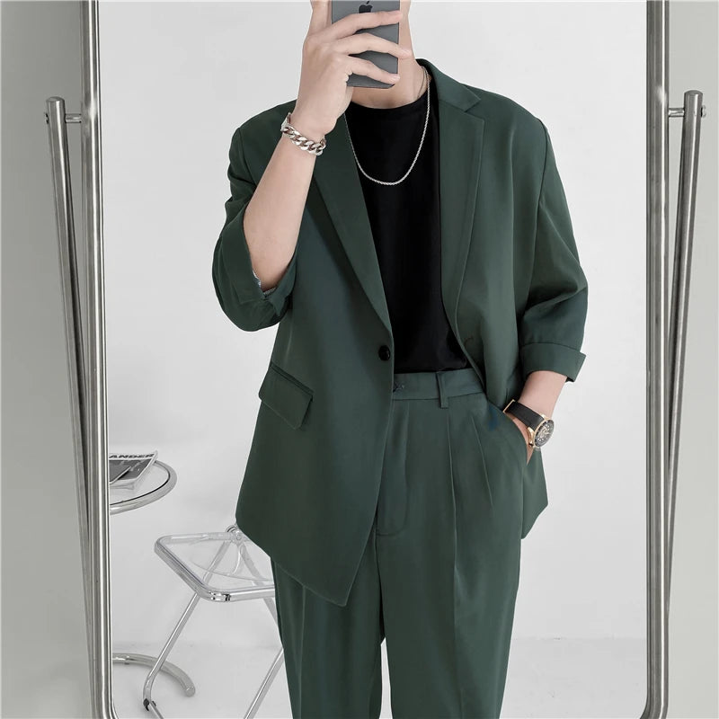 2022 Fashion Summer 2-piece Set Solid Color Single-breasted Casual Simple Student Wear Homme Loose Suits Wear (Blazers + Pants)