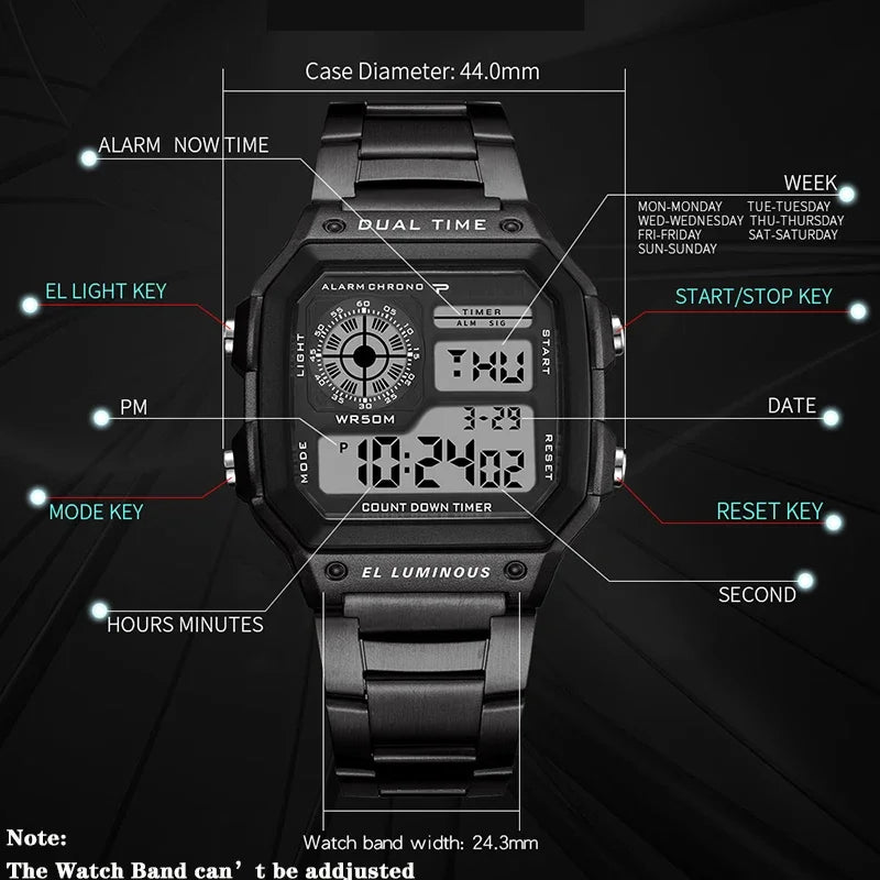Luxury Men's Wristwatch Multifunction LED Digital Watch Alloy Strap Classic Business 7 - colors Luminous - Visuel 6 | SAMAG