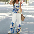Women Casual 2 Piece Outfit Sleeveless Tank Top + Leaf Print Wide Leg Pants Set Summer Vacation Loungewear