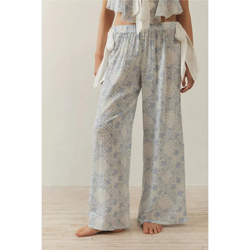 Combhasaki Women Floral Print 2Pcs Loungewear Pjs Set Fly Sleeve Front Bow Tied Ruffle V-Neck Crop Tops+Elastic Waist Long Pants