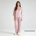 20MM 100% Natural Mulberry Silk Satin Pajama Set Solid Color V-neck Three-quarter Sleeve Tops Pants Women's Home Suit Set