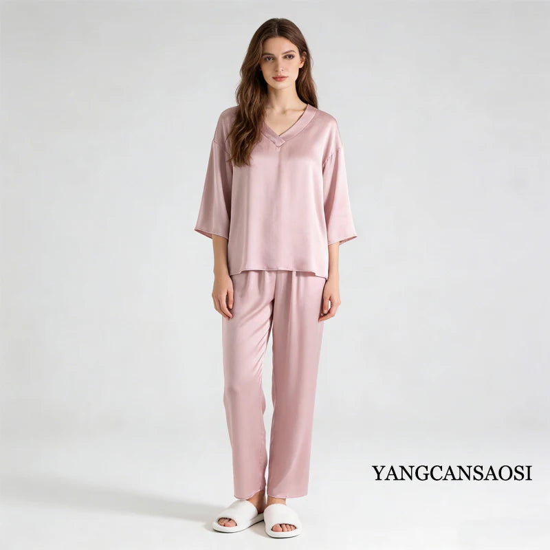 20MM 100% Natural Mulberry Silk Satin Pajama Set Solid Color V-neck Three-quarter Sleeve Tops Pants Women's Home Suit Set