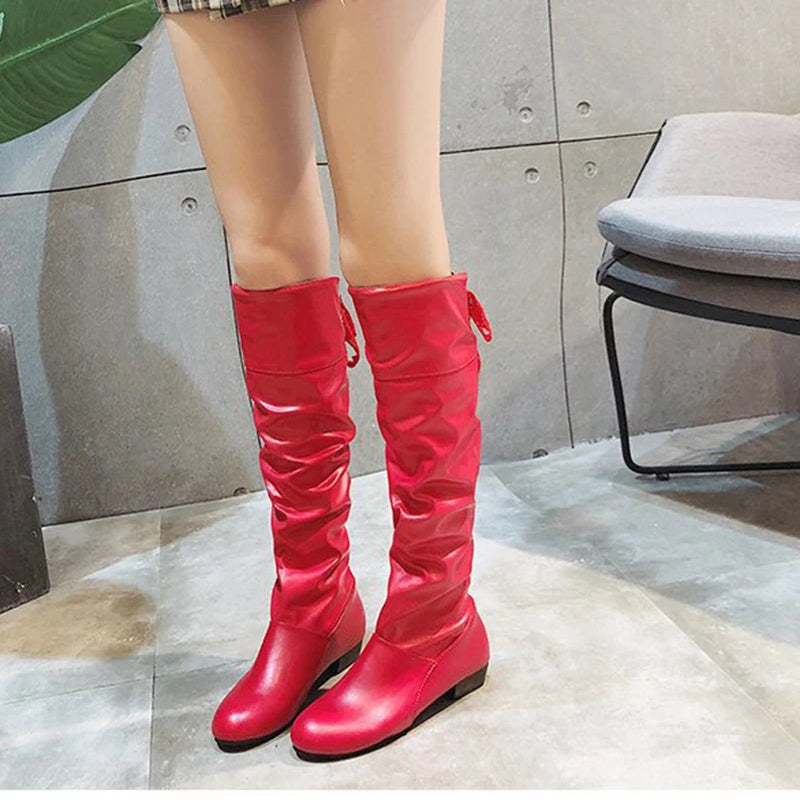 2023Shoes For Women  Knee High Boots Red Black White Tall Boots Woman Pleated Low Heel Casual Leather Female Long Shoes