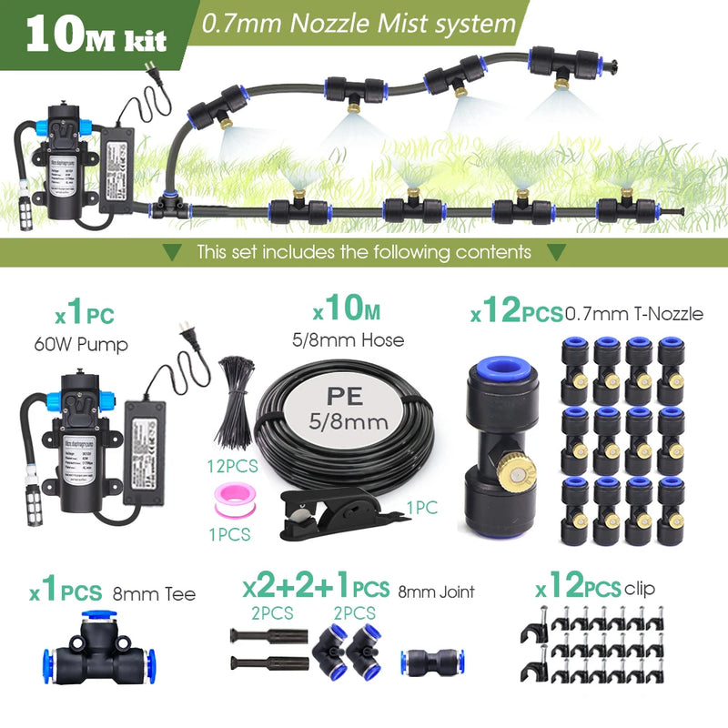 0.7MM Brass Nozzle 60W Self-Priming Pump Timing Misting Spray Kit for Garden Plants Farm Automatic Atomization Cooling System