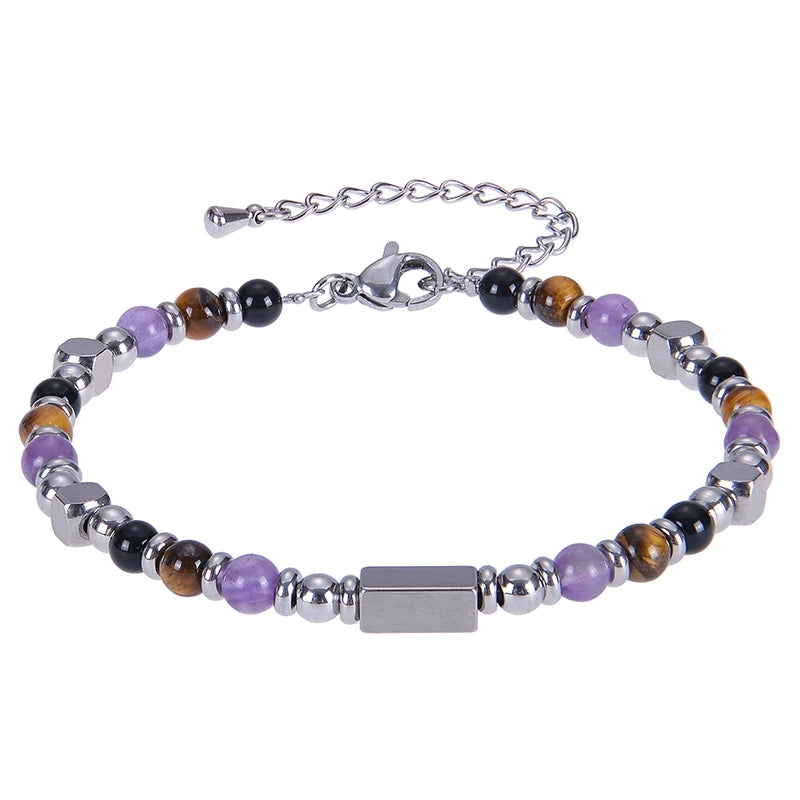 2026 Classic 6mm Tiger Eye Stone Hematite Beaded Bracelet Adjustable Stainless Steel Chain Bracelet for Men Women Jewelry Gifts