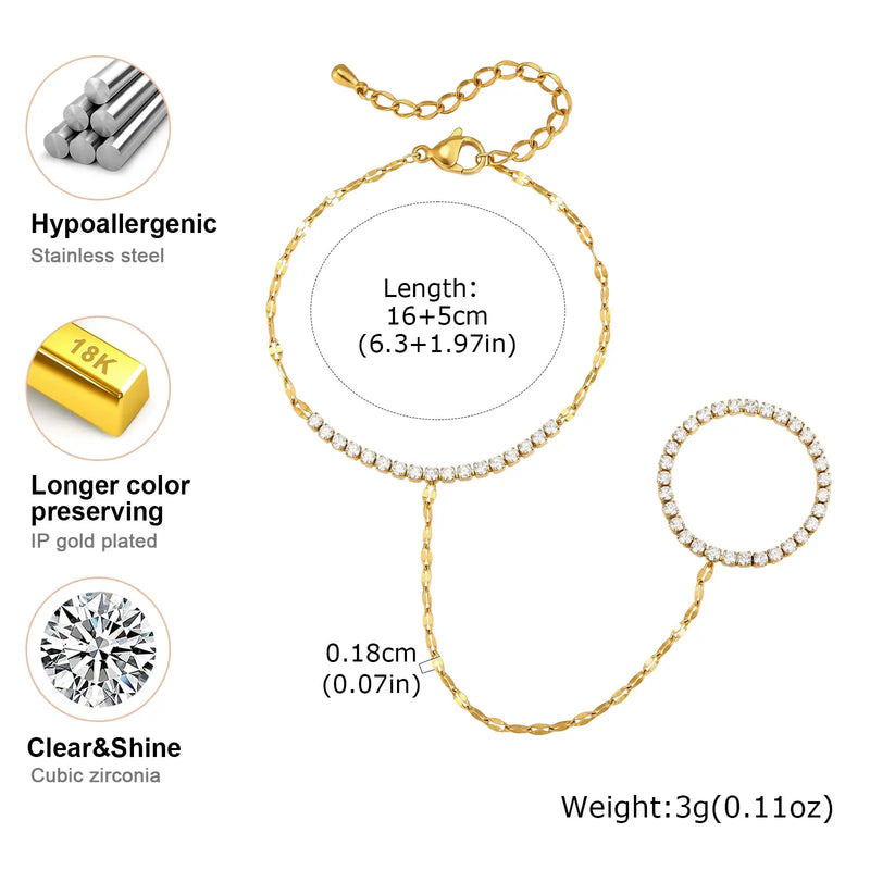 Bohemian Bead Slave Bracelet, 18K Gold Plated Stainless Steel, Waterproof Hand Chain Finger Ring Bracelet Jewelry for Women
