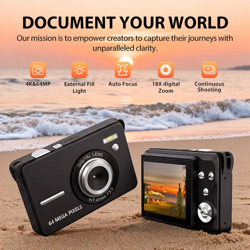 4K 64MP Digital Camera with 18X Digital Zoom, Auto Focus, External Fill Light, 2.8" LCD Screen, Portable Compact Camera for Phot