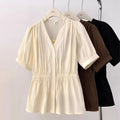 200 Pounds Plus Size Elastic Waist Office Lady Trend Shirt And Blouse Solid Color Top Women Clothing V-neck French Chic Basics