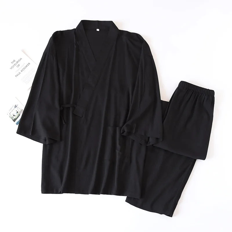 2026 Men's Japanese Kimono Robes Sets Cotton Linen Pajamas Two-piece Set Couple Loose Bathrobes Sweat Steaming Home Service Suit