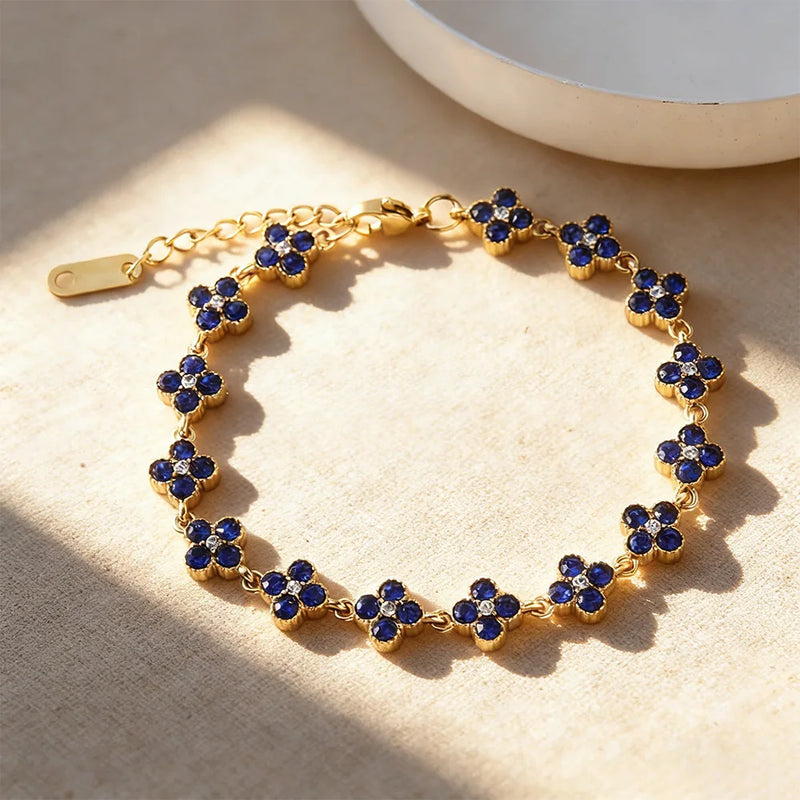 Stainless Steel Colorful Cubic Zirconia Flower Cover Bracelet Adjustable Four - Leaf Clover CZ Stone - Visuel 12 | SAMAG