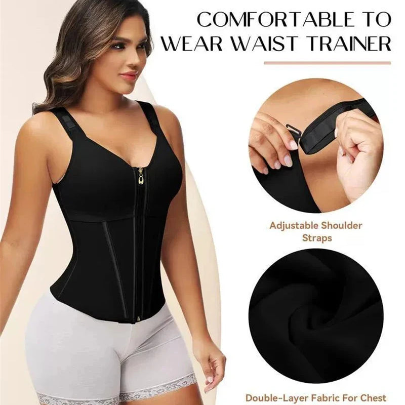 Shapewear Women Colombian Fajas Waist Trainer Tummy Control Vest Body Shaper 17 Steel Bones 3-Row Hooks Zipper Adjustable Strap
