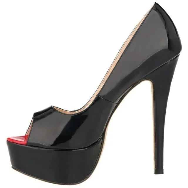 Women Stilettos Sexy Pumps 14cm Extremely Platform Peep Toe High Heels Patent Leather Party Nighclub Dress Red Wedding Shoes