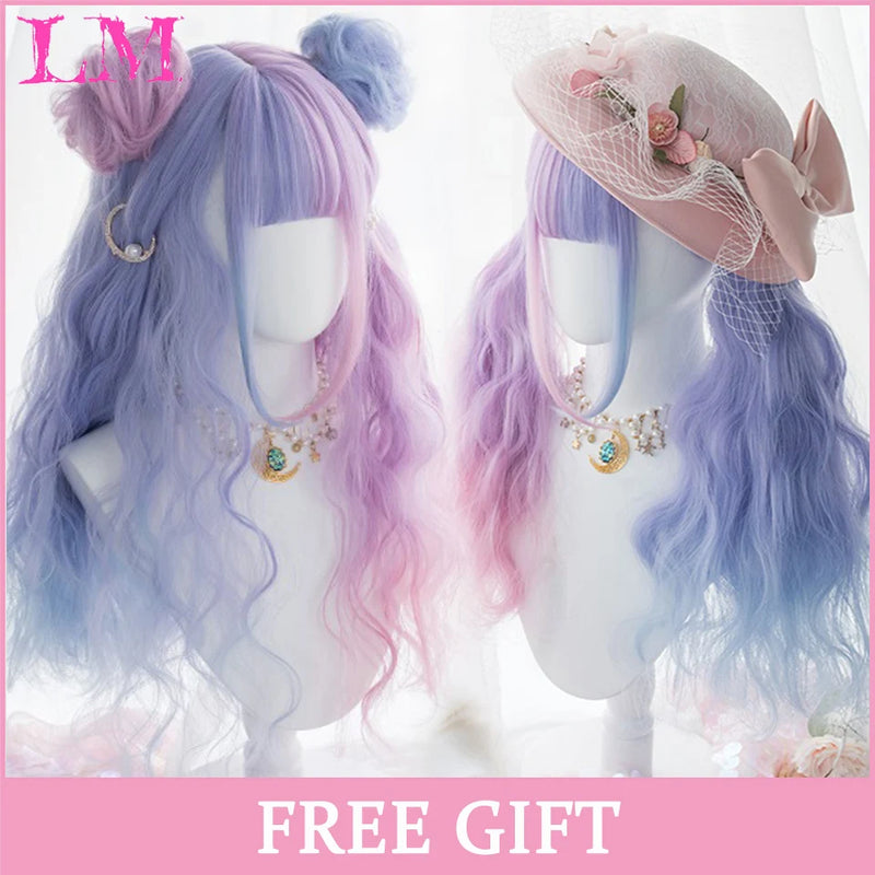 LM Medium Length Pink Cosplay Wig Heat Resistant Costume Party Synthetic Wigs 2 Clip On Ponytail 7 Colors