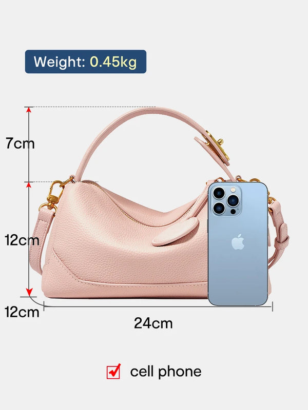 Women Genuine Leather Pillow Bag Designer Metal Hardware Top Handle Ladies Handbag Small Boston Tassel Girls Beige Leather Bag