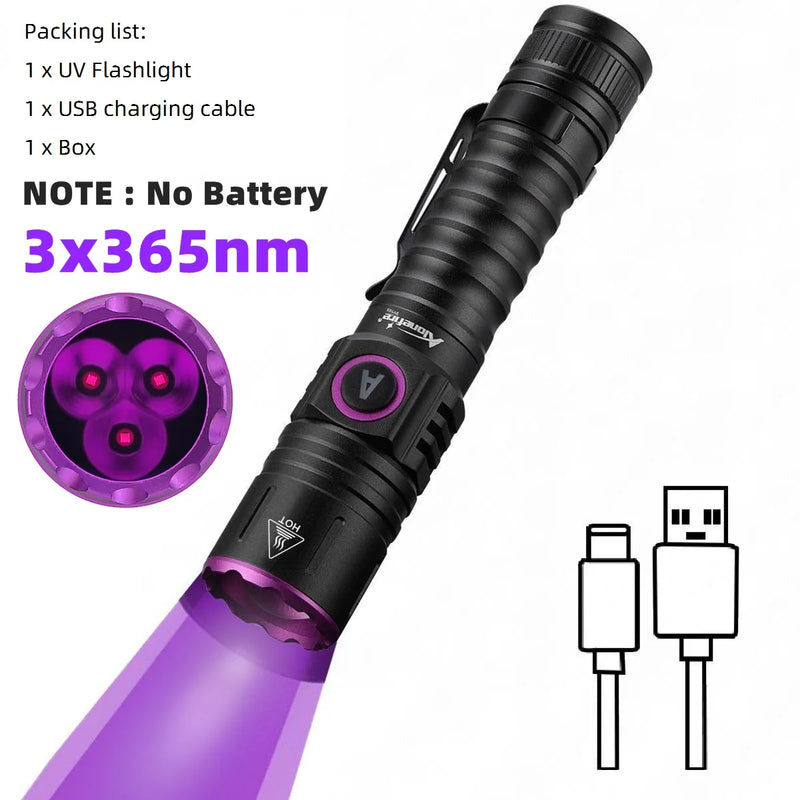 15W 365nm Rechargeable UV Flashlight Ultraviolet Black Light for Pet Urine Stains Uranium Glass Minerals Bug Scorpions Detector