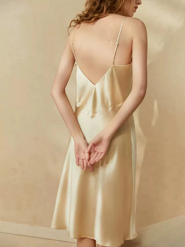 Birdtree, 19MM 100% Silk Satin Nightwear, Sexy Spaghetti Nightdress, Elegant V Neck Skin-friendly Women Night Skirt P30457QM