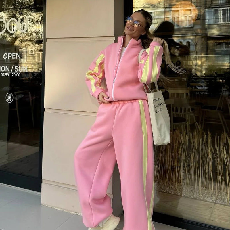 Women's Fashion Cotton Sport Tracksuit With Casual Pant Stripes Zipper Hoodies Cardigan High Waist Trouser 2 Piece Autumn Outfit