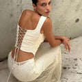 Lace Bandage 2 Piece-Set Long Skirt Female Patchwork Fashion Backless High Waist Elegant Lace-Up Maxi Skirt Sets Outfits