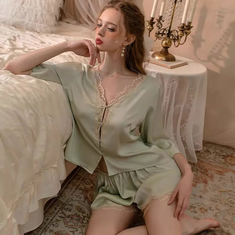 Women's French-Style Ice-Silk Pajamas Set Sexy Lace | SAMAG