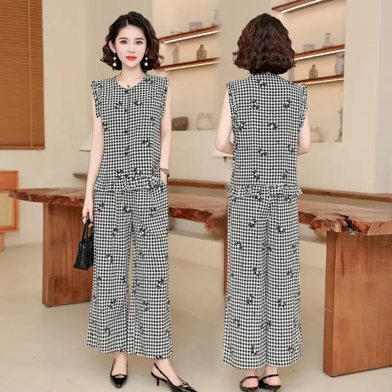 Women 2 Piece Outfit Sleeveless Printed Top And Wide Leg Pants Summer Casual Mom Wear For Middle Aged