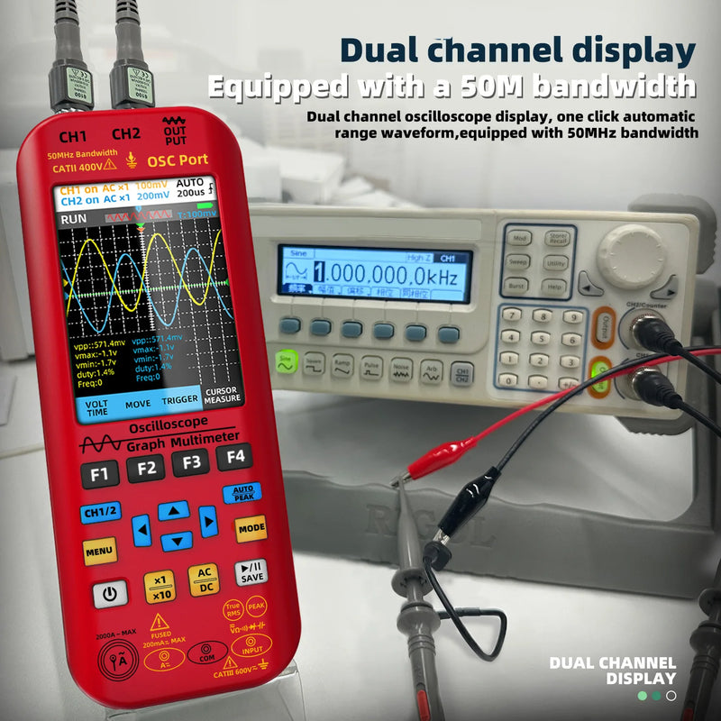 BSIDE 4-IN-1 Handheld Oscilloscope Digital Multimeter+Function Signal Generator Dual Channel O7:25MHz/O9:50MHz Current Tester
