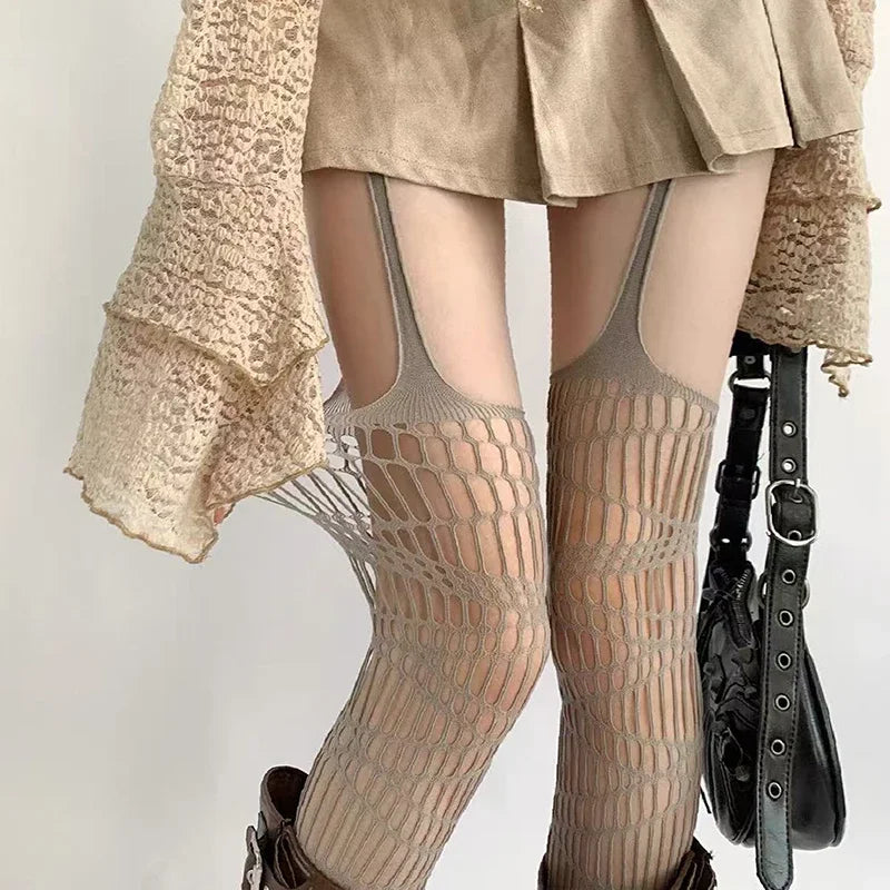 Women Sexy Lace Fishnet Stockings Hollow Out Solid Pantyhose Irregular Exposed Skin Tights Slim Suspender Pantyhose