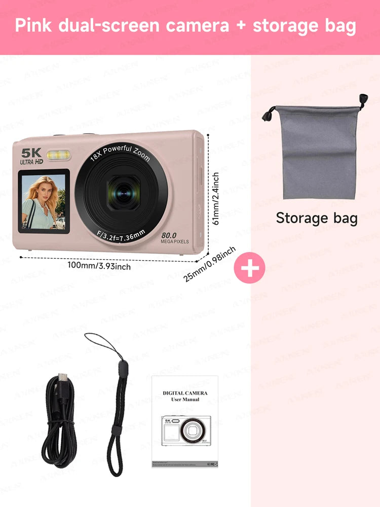 5K Digital Camera 8000W Pixel Retro CCD Dual Screen Photographic Cameras 80MP Vlog Cam with Auto Focus Smile Detection 18x Zoom