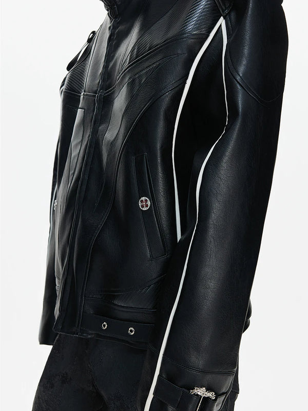 LUZHEN 2026 Stylish Stripe Original Patchwork Design Stand Neck Leather Jacket Men's Trendy High Quality Motorcycles Coat JY6331