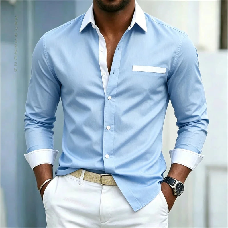 Men's shirt color blocking black and white lapel slim fit | SAMAG