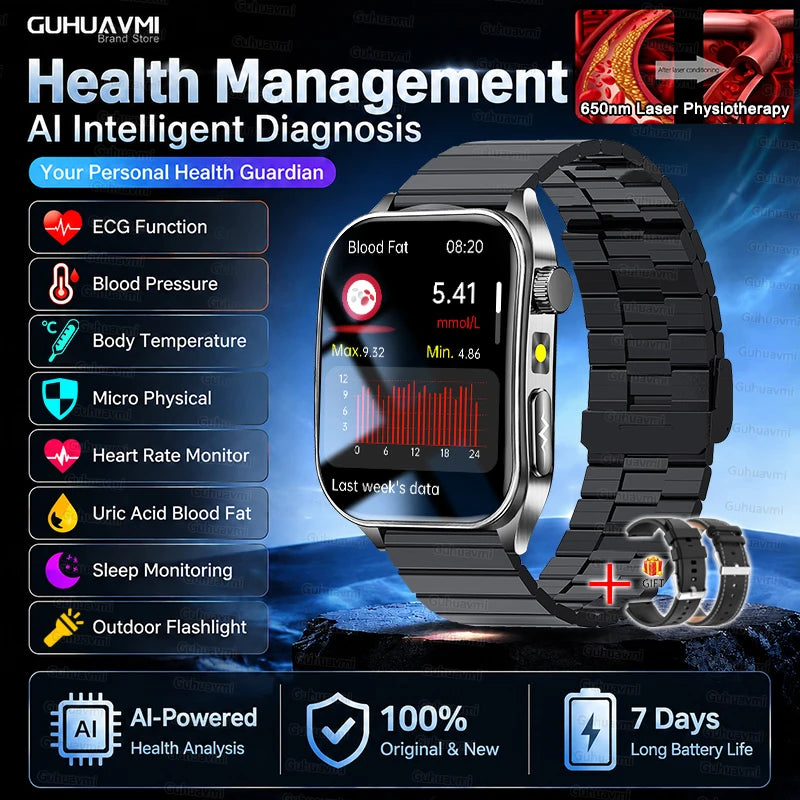 2026 New Non-Invasive Laser Treatment Three High Smart Watch Man ECG Heart Test Blood Fat Uric Acid Smart Watch For Android IOS