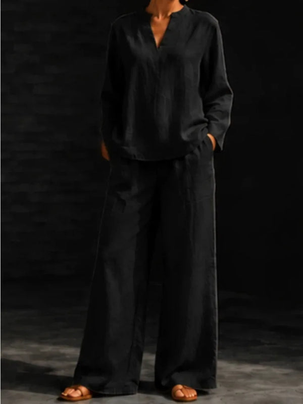 Women 2‑Piece Matching Outfit Long Sleeve Button Shirt High Waist Wide Leg Pant Loose Vacation Street Daily Wear Suit For Ladies