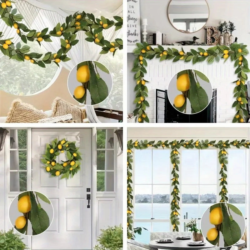 Artificial lemon wreath with green plants home door wall cover wedding holiday party dining table decoration