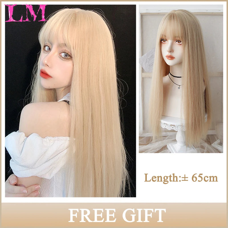 LM Medium Length Pink Cosplay Wig Heat Resistant Costume Party Synthetic Wigs 2 Clip On Ponytail 7 Colors