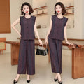 Women 2 Piece Outfit Sleeveless Printed Top And Wide Leg Pants Summer Casual Mom Wear For Middle Aged