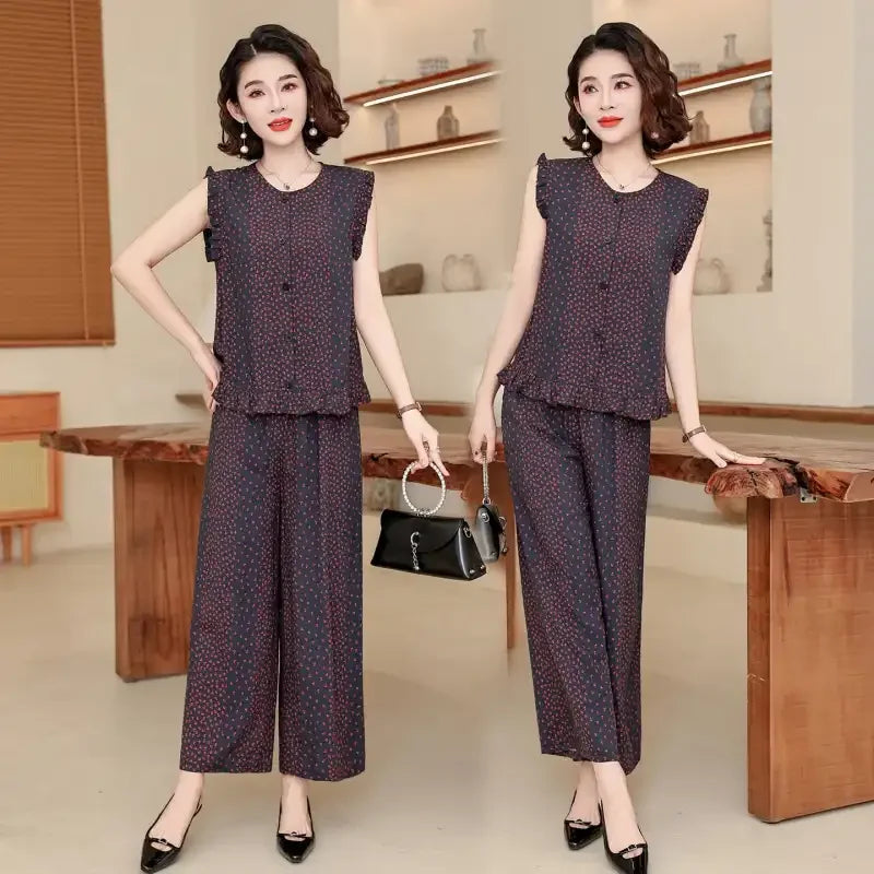 Women 2 Piece Outfit Sleeveless Printed Top And Wide Leg Pants Summer Casual Mom Wear For Middle Aged