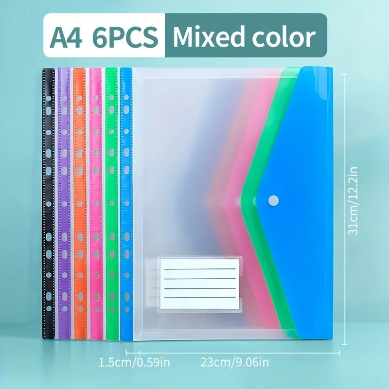 6 A4 Large Capacity Loose Leaf Folders with 11 Hole Binding Rings, Modern PP Material, Expandable Buttons and Label Pockets