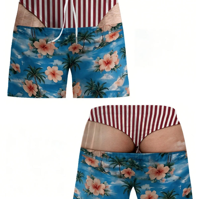 Men Funny Fake Two Piece Shorts Optical Illusion Thong Print Beach Fun Swim Trunks for Summer Holiday - View 5 | SAMAG