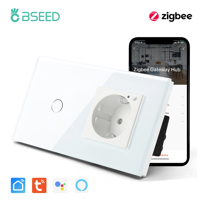 BSEED 1/2/3Gang Zigbee Touch Switch Wall Light Switch With Smart EU Socket Support Google Alexa Tuya Control No Neutral Line