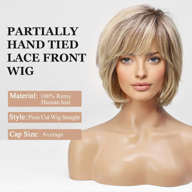 Short Straight Blonde Brown Lace Front Human Hair Wigs with Bangs for Women 100% Remy Human Hairs Bob Natural Wavy Layered Wigs